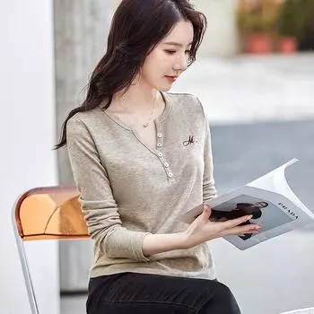 Женские топы 3XL на весну и осень, новые вышитые пуговицы с V-образным вырезом, немецкая бархатная универсальная модная футболка с длинными рукавами S