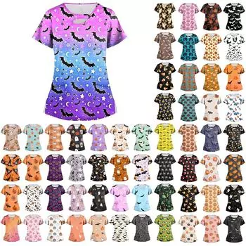 Женские топы, эластичная модная футболка с принтом на Хэллоуин и карманной футболкой, топ с короткими рукавами