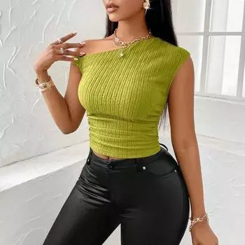 Женские топы асимметричного дизайна, топы обычного кроя, асимметричный косой воротник, короткий рукав, тонкие топы, повседневная одежда S зелёный
