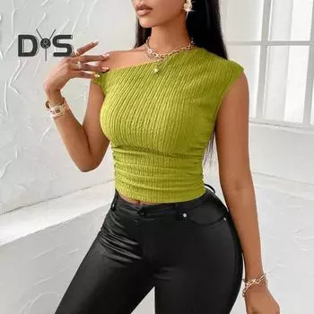 Женские топы асимметричного дизайна, топы обычного кроя, асимметричный косой воротник, короткий рукав, тонкие топы, повседневная одежда S зелёный