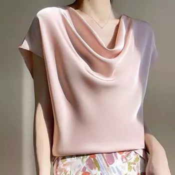 Женские топы, атласные гладкие топы с однотонными рукавами и воротником, короткая цветная искусственная блузка, уличная одежда 2XL кремовый