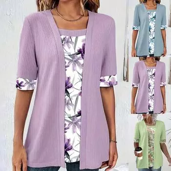 Женские топы без рукавов 1/2 с цветочным принтом, блузка, женская повседневная базовая футболка в стиле бохо, футболка S светло-зеленый