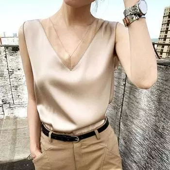 Женские топы без рукавов, блестящие, шелковистые, идеально сидящие, охлаждающие, повседневная одежда, женские летние топы из полиэстера с v-образным вырезом, рабочая одежда L чёрный