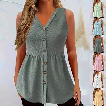 Женские топы без рукавов больших размеров с V-образным вырезом, женская летняя повседневная туника на пуговицах S белый