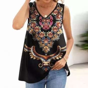 Женские топы без рукавов с цветочным принтом в стиле ретро, летняя повседневная свободная футболка с жилетом США