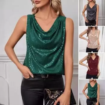 Женские топы без рукавов с пайетками и V-образным вырезом, блестящие блузки, сексуальные топы на бретельках для коктейльной вечеринки, клубной одежды, вечеринки S