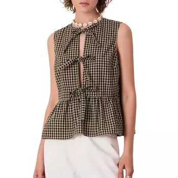 Женские топы-безрукавки с бантом, классические клетчатые с принтом, без рукавов, с круглым вырезом, с оборками, летние рубашки S темно-коричневого