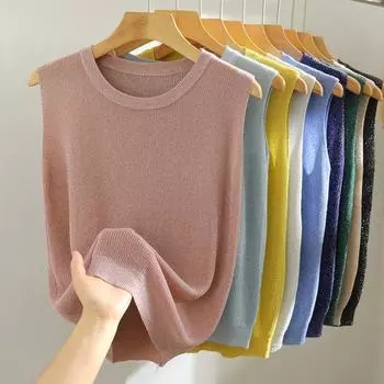 Женские топы-безрукавки с круглым вырезом, без рукавов, однотонные, свободного кроя, из ледяного шелка, дышащие, универсальные, жилеты жёлтый