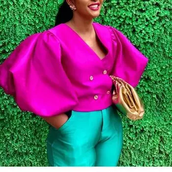Женские топы, блузка с длинными рукавами-фонариками, двойные пуговицы, v-образный вырез, блестящая блестящая вечерняя стильная женская блузка размера плюс S ярко-розовый