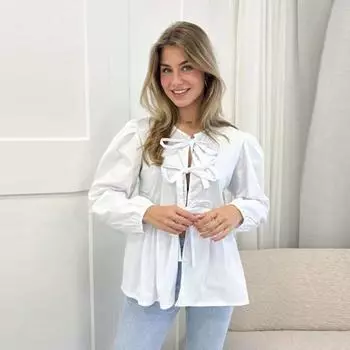 Женские топы, блузка со шнуровкой и бантом, однотонная длинная блузка с рукавами-фонариками, летние топы для девочек с бантом M чёрный