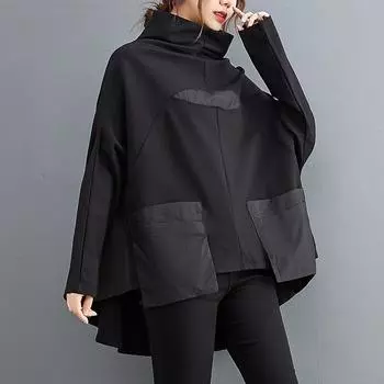 Женские топы больших размеров черного цвета свободного кроя с карманом, нерегулярные, больших размеров, водолазка, длинный рукав, весна-осень, лоскутное худи, свитшот L чёрный