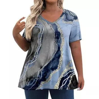 Женские топы больших размеров, летние футболки с короткими рукавами, женская повседневная одежда с V-образным вырезом, одежда с принтом S