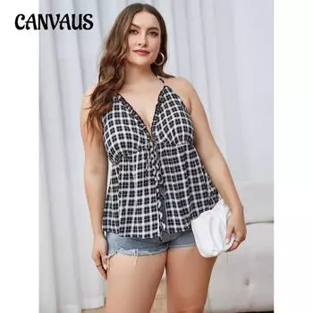 Женские топы больших размеров, модные свободные летние топы в клетку с v-образным вырезом 1XL белый/чёрный