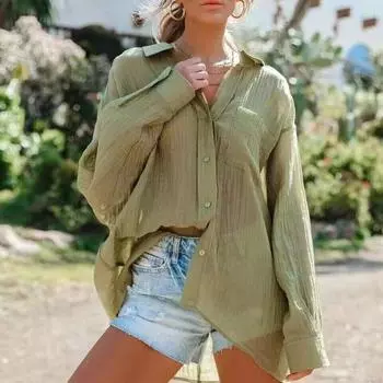 Женские топы больших размеров, плиссированные свободные рубашки с отложным воротником, женская повседневная блузка с длинным рукавом, женские летние модные рубашки Blusas 27989 S зелёный