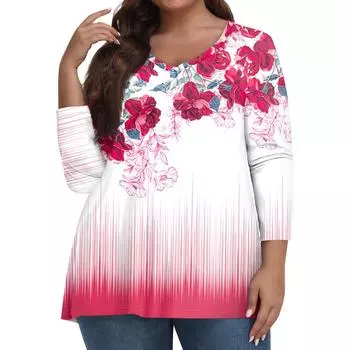 Женские топы больших размеров, рубашки с рукавами 3/4, повседневная одежда с V-образным вырезом, топы с принтами XXL горячий розовый