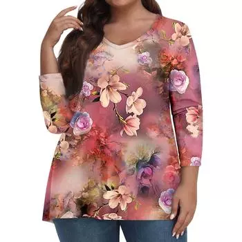 Женские топы больших размеров, рубашки с рукавами 3/4, повседневная одежда с V-образным вырезом, топы с принтами XXL винный