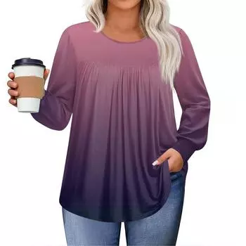 Женские топы больших размеров, рубашки с длинным рукавом, туника с круглым вырезом, повседневная свободная блузка L-5X L фиолетовый