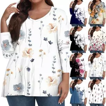 Женские топы больших размеров, рубашки с рукавами 3/4, повседневная одежда с V-образным вырезом, топы с принтами XXXL чёрный