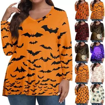 Женские топы больших размеров, рубашки с длинными рукавами, повседневная одежда с V-образным вырезом, топы с принтом на Хэллоуин XL шафрановый