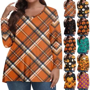 Женские топы больших размеров, рубашки с длинными рукавами, повседневная одежда с V-образным вырезом, топы с принтом на Хэллоуин XXXXXL чёрный