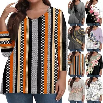 Женские топы больших размеров, рубашки с рукавами 3/4, повседневная одежда с V-образным вырезом, топы с принтами XXXL чёрный