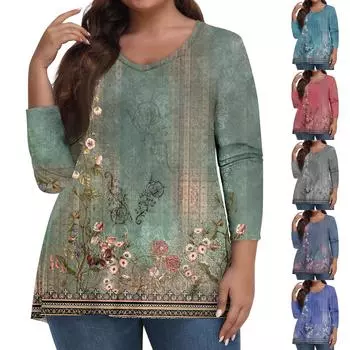 Женские топы больших размеров, рубашки с рукавами 3/4, повседневная одежда с V-образным вырезом, топы с принтами XL