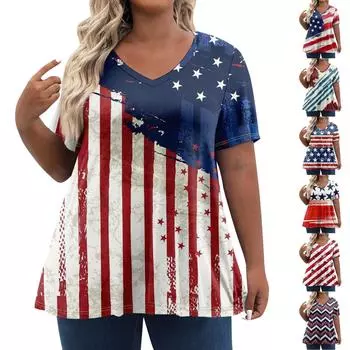 Женские топы больших размеров, рубашки с короткими рукавами, повседневная одежда с v-образным вырезом, одежда, топы с принтом на День независимости L синий