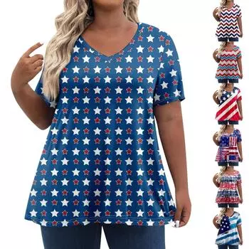 Женские топы больших размеров, рубашки с короткими рукавами, повседневная одежда с v-образным вырезом, одежда, топы с принтом на День независимости L синий