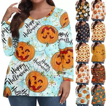 Женские топы больших размеров, рубашки с длинными рукавами, повседневная одежда с V-образным вырезом, топы с принтом на Хэллоуин XXXXXL