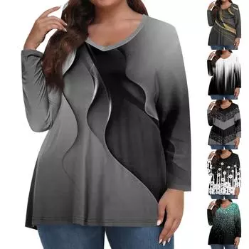 Женские топы больших размеров с длинным рукавом и принтом, рубашки с V-образным вырезом, повседневная одежда, топы L