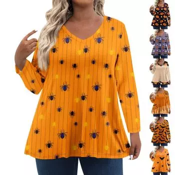 Женские топы больших размеров с длинным рукавом и принтом, рубашки с V-образным вырезом, повседневная одежда, топы XL чёрный