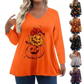 Женские топы больших размеров с длинным рукавом и принтом, рубашки с V-образным вырезом, повседневная одежда, топы XXXL фиолетовый