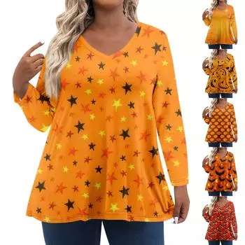 Женские топы больших размеров с длинным рукавом и принтом, рубашки с V-образным вырезом, повседневная одежда, топы L