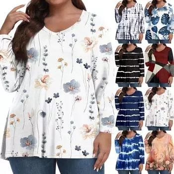 Женские топы больших размеров с длинным рукавом и принтом, рубашки с V-образным вырезом, повседневная одежда, топы XXL синий