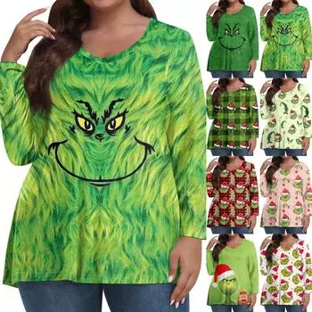 Женские топы больших размеров с длинным рукавом и принтом, рубашки с V-образным вырезом, повседневная одежда, топы XXXL