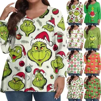 Женские топы больших размеров с длинным рукавом и принтом, рубашки с V-образным вырезом, повседневная одежда, топы XXXL