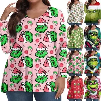 Женские топы больших размеров с длинным рукавом и принтом, рубашки с V-образным вырезом, повседневная одежда, топы XXXL