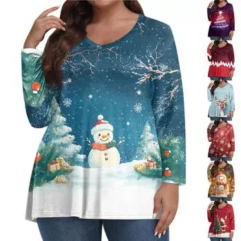 Женские топы больших размеров с длинным рукавом и принтом, рубашки с V-образным вырезом, повседневная одежда, топы XXXXL чёрный