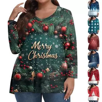 Женские топы больших размеров с длинным рукавом и принтом, рубашки с V-образным вырезом, повседневная одежда, топы L