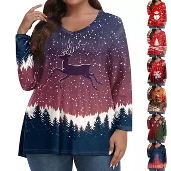 Женские топы больших размеров с длинным рукавом и принтом, рубашки с V-образным вырезом, повседневная одежда, топы XL