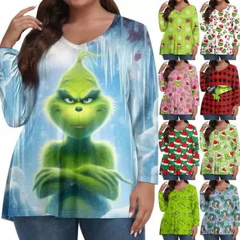 Женские топы больших размеров с длинным рукавом и принтом, рубашки с V-образным вырезом, повседневная одежда, топы L армия зеленый