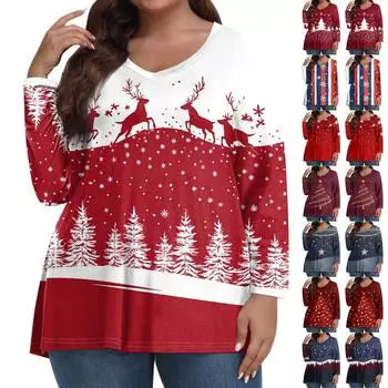 Женские топы больших размеров с длинным рукавом и принтом, рубашки с V-образным вырезом, повседневная одежда, топы XXXL тёмно-синий