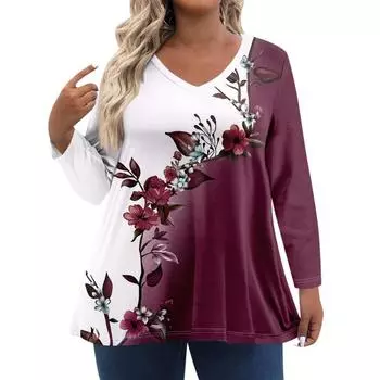 Женские топы больших размеров с длинным рукавом рубашки с V-образным вырезом повседневная одежда одежда топы с принтом футболки женские S вино красного