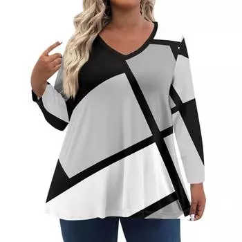 Женские топы больших размеров с длинным рукавом, принтованные рубашки с V-образным вырезом, повседневная одежда, одежда, топы, футболки, женская одежда S