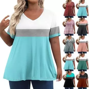 Женские топы больших размеров, шорты с рукавами, рубашки с V-образным вырезом, повседневная одежда, топы с принтом XXL зелёный