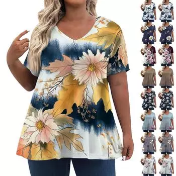 Женские топы больших размеров, шорты с рукавами, рубашки с V-образным вырезом, повседневная одежда, топы с принтами L бежевый