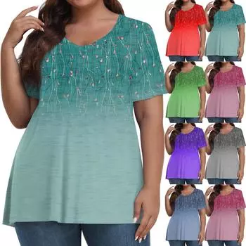 Женские топы больших размеров, шорты с рукавами, рубашки с V-образным вырезом, повседневная одежда, топы с принтом L циан
