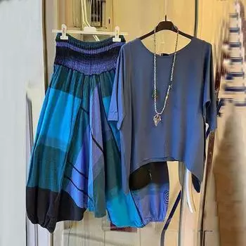 Женские топы, брюки с принтом, костюм-двойка, эластичный пояс, летний костюм-рубашка с неровным подолом XXXXXL синий