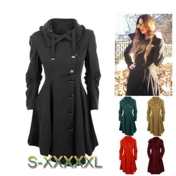 Женские топы, длинные средневековые тренчи, женские зимние готические пальто с воротником-стойкой, винтажное женское пальто 2XL чёрный