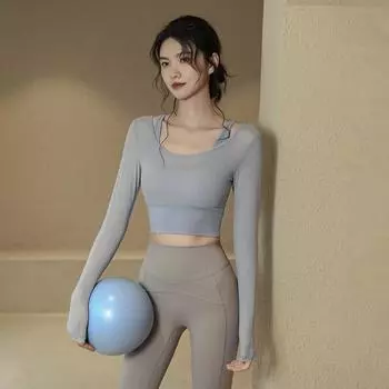 Женские топы для йоги весна/лето: Облегающий крой, длинный рукав, накладная грудь, модная спортивная одежда Medium